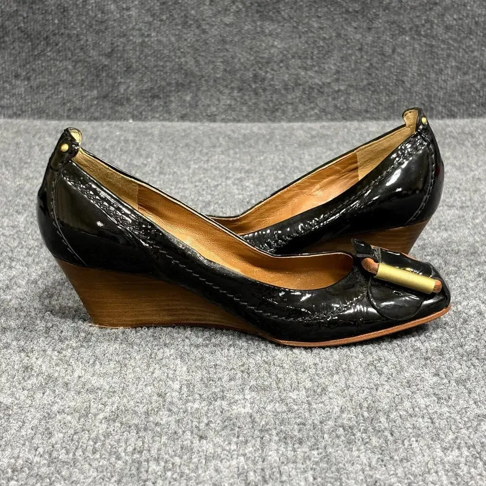 Chloe Shoes Womens 5 EU 35 Black Patent Leather Wooden Wedge Pumps Buckle Italy